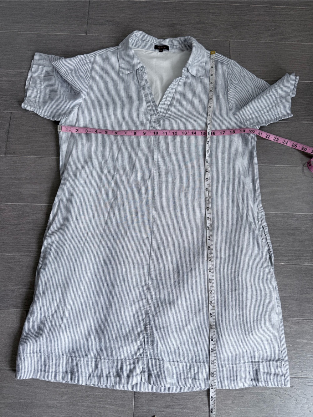 Quince 100% European Linen Popover Mini Dress Blue Pinstripe M Summer Pockets - Picture 15 of 15